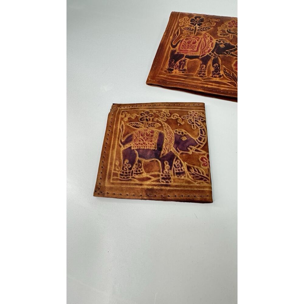 Vintage 3-Piece Leather Elephant Clutch Wallet Coin Hand Tooled India - Picture 10 of 12
